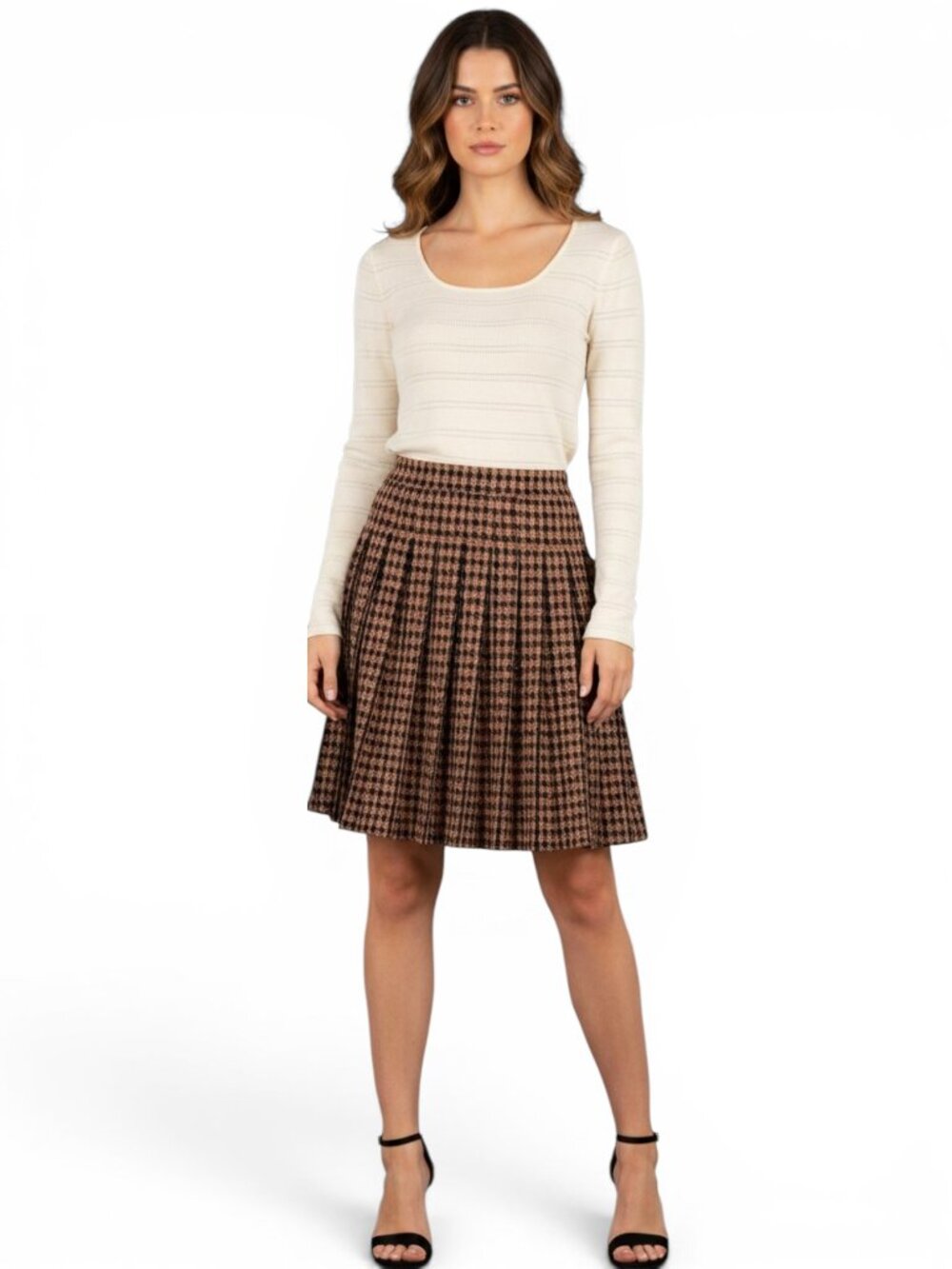 ALEEZA PARIS Wonder Skirt S Small Houndstooth Brown Black Pleated Knit NWT